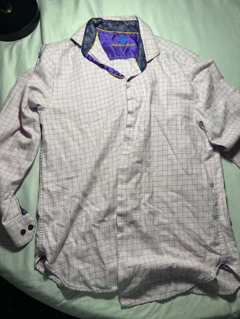 Michelsons London  Purple Plaid Long Sleeve Button Up Shirt Paisley Accent